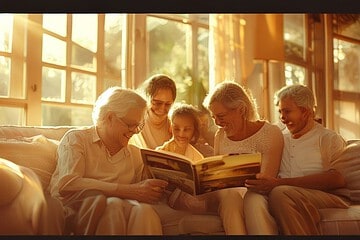 Famille intergénérationnelle feuilletant un album photo au soleil à Saint-Hilaire-du-Harcouët en Normandie.