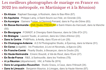 Normandie, Saint-Hilaire-du-Harcouët : SNK Studio classé meilleur photographe de mariage en 2022.