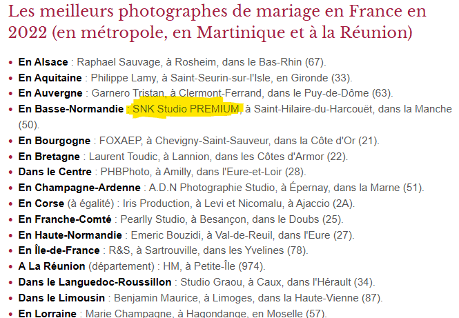 SNK Studio nommé meilleur photographe de mariage Manche par Femina