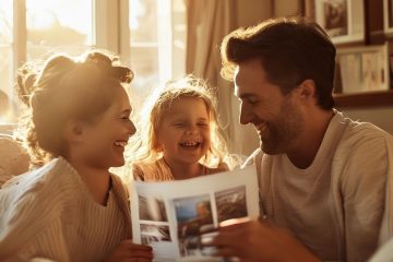 Une famille rit en regardant des photos dans un salon ensoleillé en Normandie.