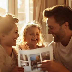 Une famille rit en regardant des photos dans un salon ensoleillé en Normandie.